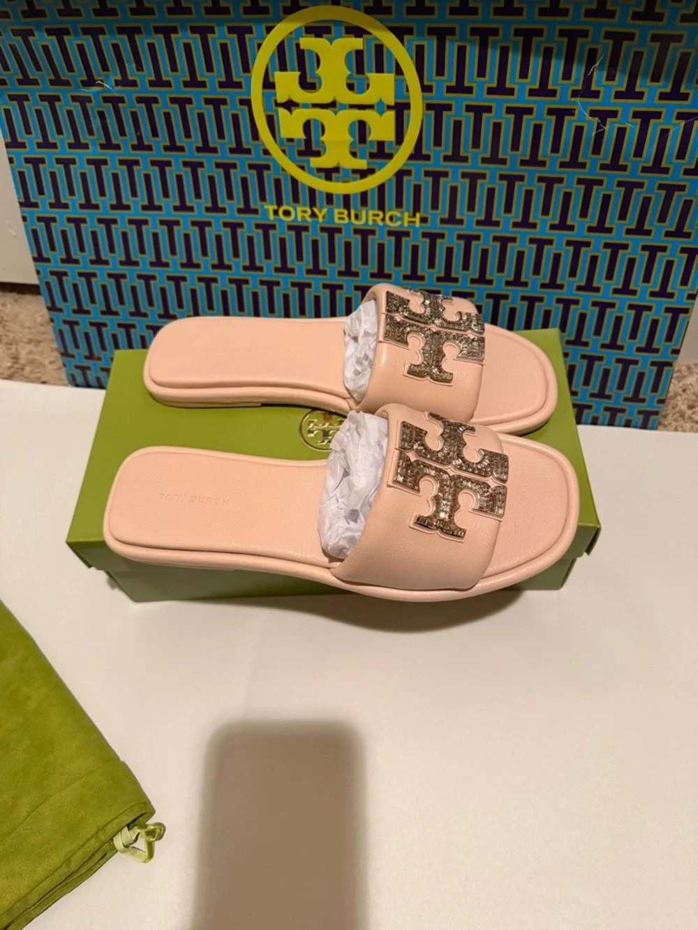 Tory Burch Shell Pink Double T Deco Sport Slide Sandals